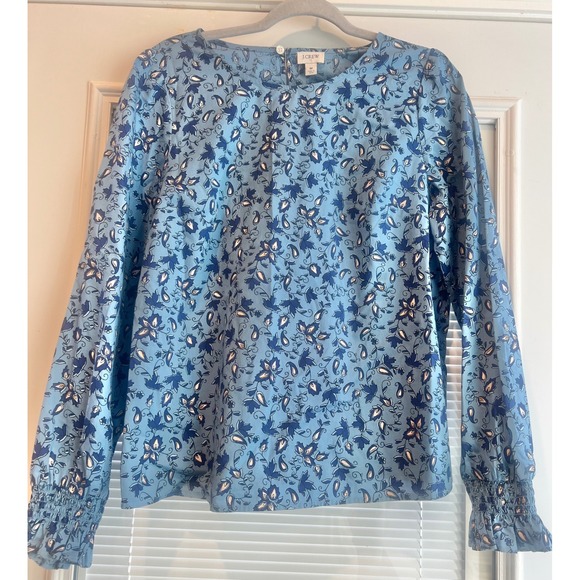 J. Crew Tops - J. Crew Blue Floral Long-Sleeve Printed Poplin Blouse Women's Size Medium